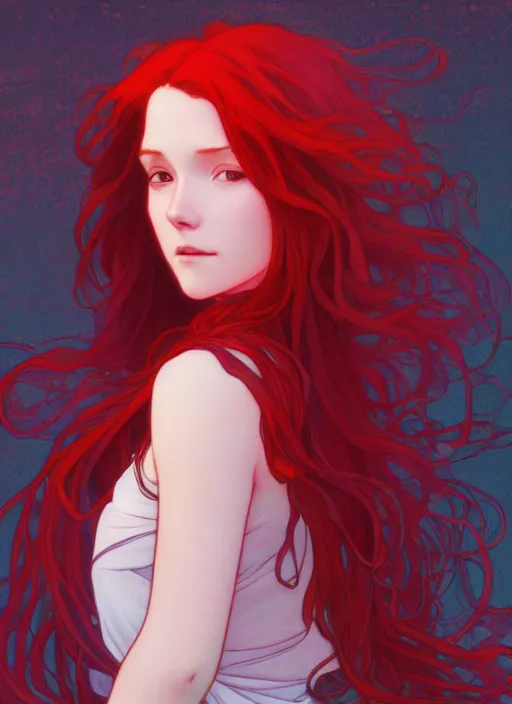 Image similar to pretty young woman with long red hair walking in the darkness, path traced, highly detailed, high quality, digital painting, by studio ghibli and alphonse mucha, leesha hannigan, makoto shinkai, disney