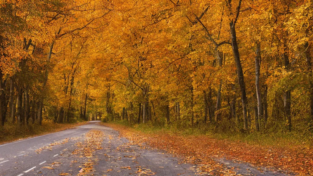 Image similar to a photograph of a country road lined on both sides by maple and poplar trees, in the autumn, red orange and yellow leaves, some leaves have fallen and are under the trees and on the road