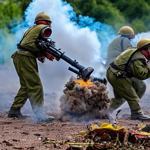 Image similar to minions firing a 8 5 mm mortar, debris and dirt flying, smoke, war photography