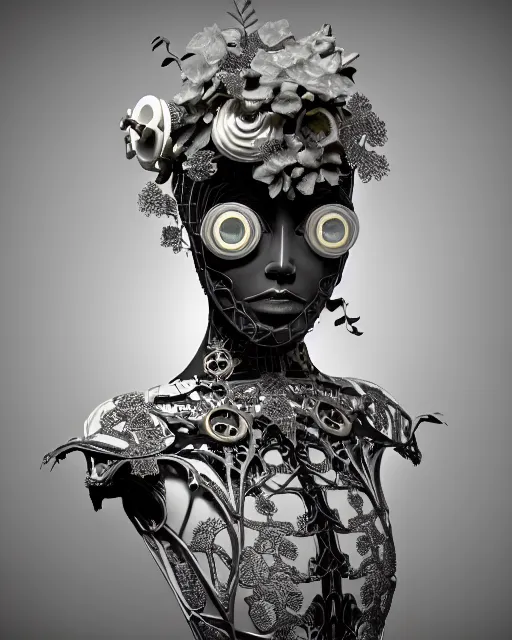 Image similar to monochrome 3 d model, 1 9 4 0 picture, silver floral steampunk biomechanical beautiful young female cyborg with porcelain profile face and a techno eye, volumetric light, leaves foliage and stems, hibiscus flowers, sinuous fine roots, fine foliage lace, alexander mcqueen, rim light, big gothic fashion pearl embroidered collar, octane render, 8 k