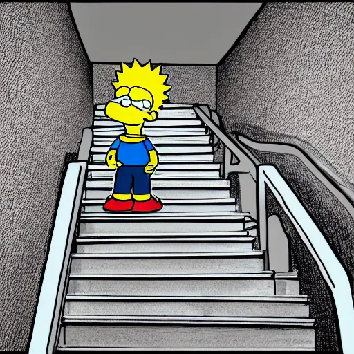 Prompt: A boy, ((Bart Simpson)), skateboarding down a flight of stairs at home, digital art, 4K, 8K