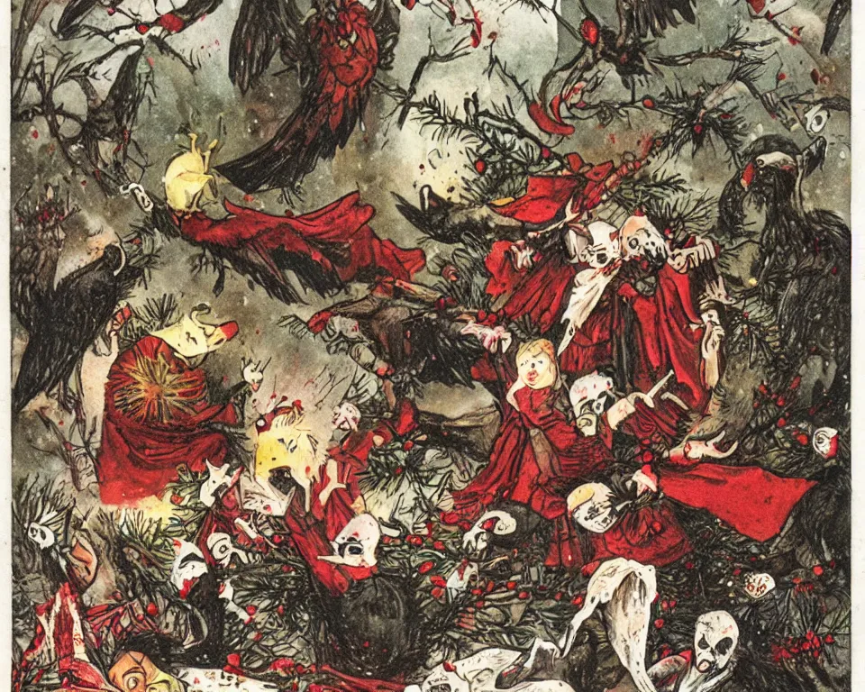 Image similar to a christmas card with a sinister demon and vultures, covered in blood