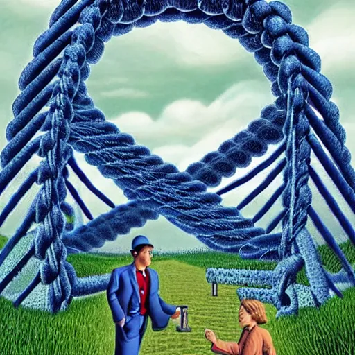 Image similar to in a field, two scientists in lab coats encounter a monster shaped like the DNA double helix, stormy weather, by Rob Gonsalves