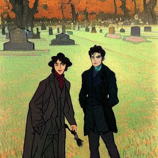 Prompt: painting of young cute handsome beautiful dark medium wavy hair man in his 2 0 s named shadow taehyung and cute handsome beautiful min - jun together at the graveyard party, ghostly, haunted gravestones, ghosts, autumn! colors, pretty, elegant, wearing suits!, clothes!, delicate facial features, art by alphonse mucha, vincent van gogh, egon schiele