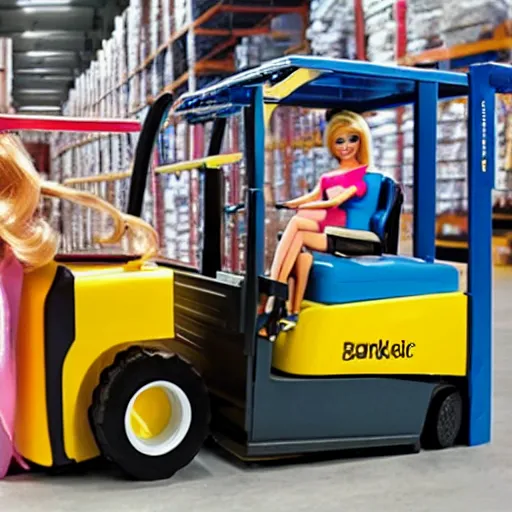 Image similar to barbie doll in construction gear, driving a fork - lift, in front of a large warehouse