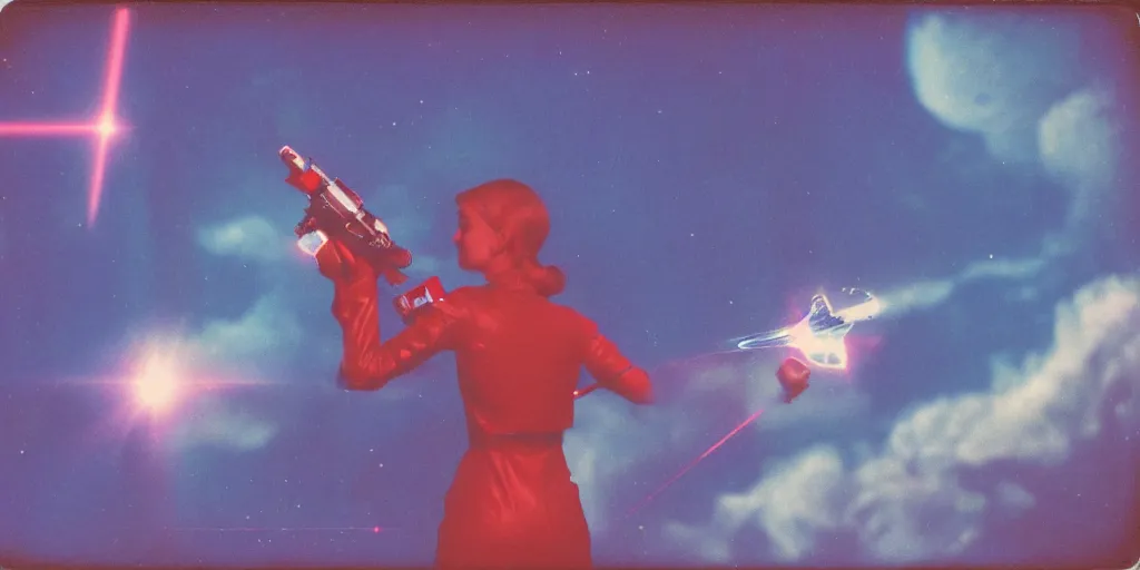 Prompt: vintage polaroid of a beautiful science fiction space woman, holding a laser gun, seen from behind, detailed clouds, warm azure tones, red color bleed, film grain