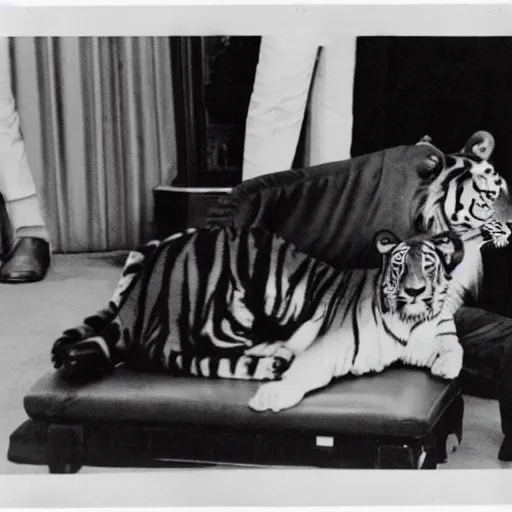 Image similar to [ ronald reagan sitting in chair... tiger lying at his feet ]