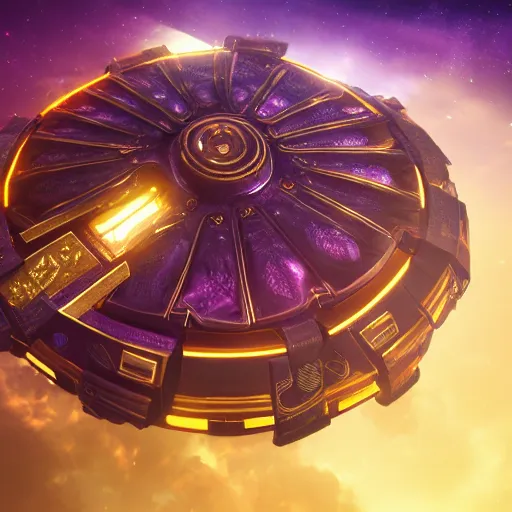 Prompt: high-tech golden sci-fi shield, intricate, unreal engine, 8K ultra detail, physically based rendering, dark purple background, trending on artstation, art by Armored Colony