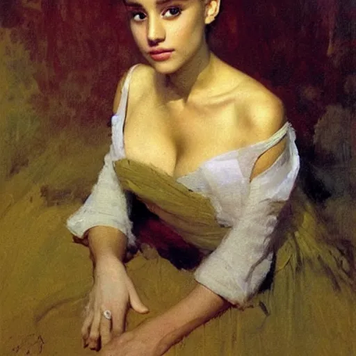 Image similar to Beautiful portrait of ariana grande by Ilya Repin and Dave McKee