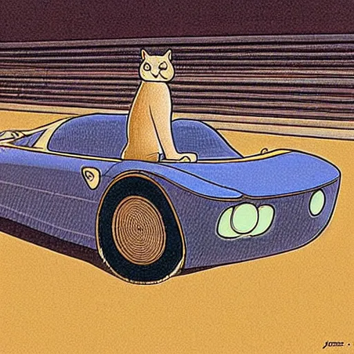 Prompt: a cat, a car, by jean giraud