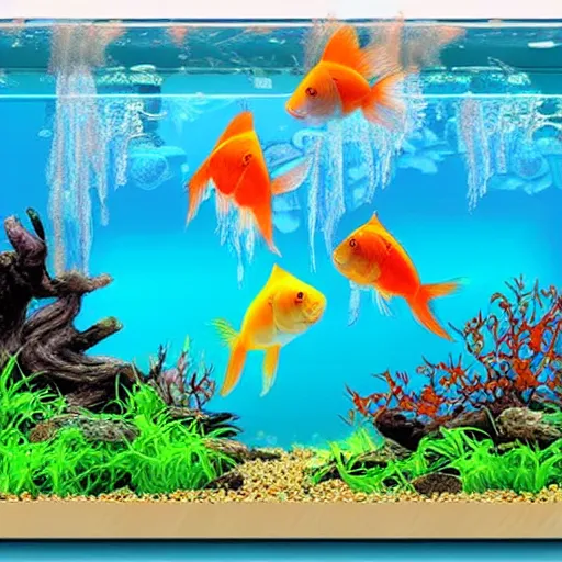 Image similar to beautiful aquarium full of cute beautiful goldfish, cartoon painting, style by anime studio ghibli