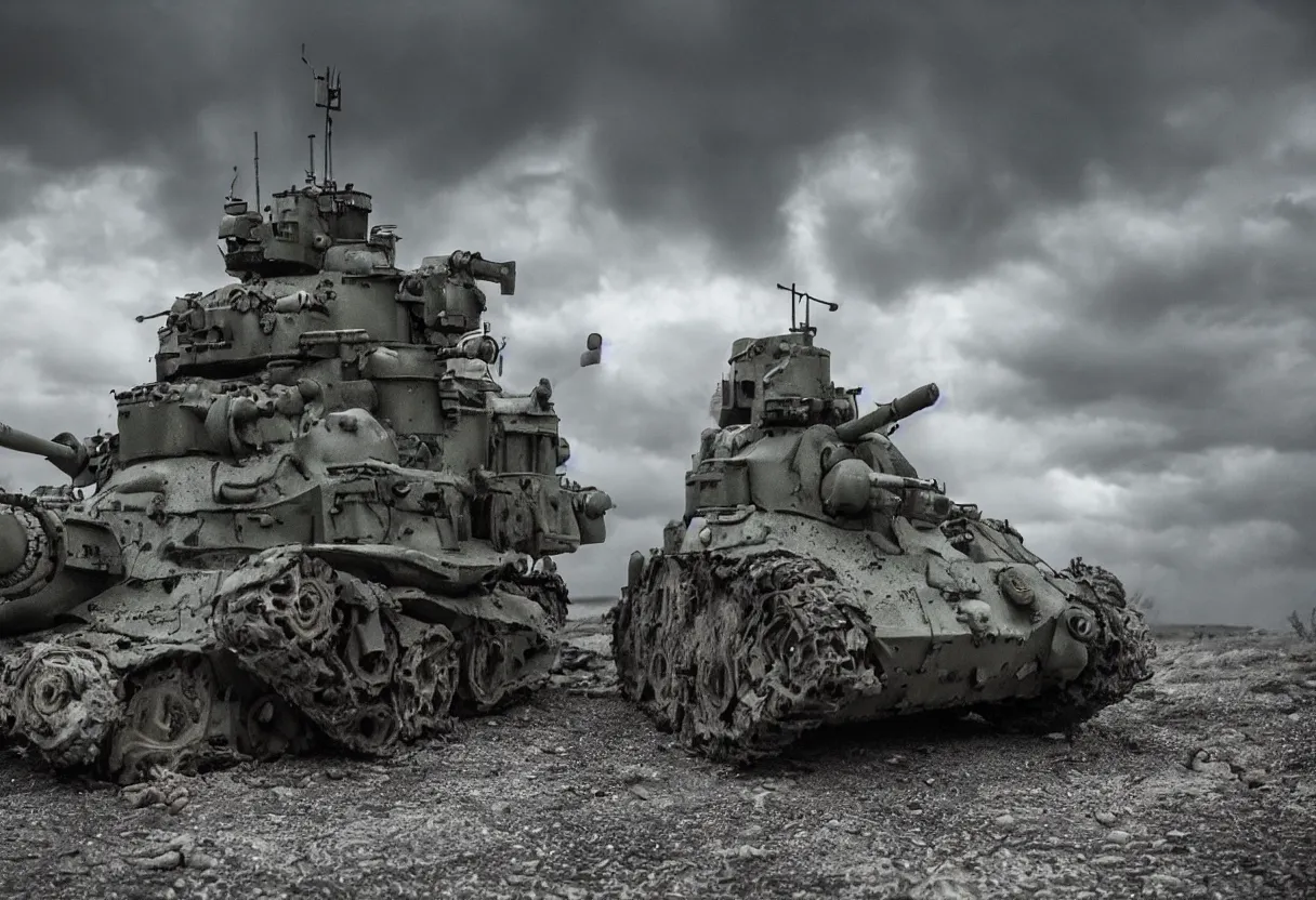 Prompt: my neighbor totoro tank, post apocalyptic style. fox holes. colorized, shot on film, wide angle, stormy sky, lightning