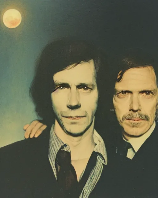Image similar to an instant photo of two beautiful but sinister men wearing oxford shirts in layers of fear, with haunted eyes and dark hair, 1 9 7 0 s, seventies, wallpaper, a little blood, moonlight showing injuries, delicate embellishments, painterly, offset printing technique, by brom, robert henri, walter popp