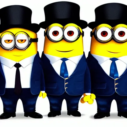 Image similar to three minions standing on top of eachother wearing a trenchcoat and a fedora, pretending to be an adult businessman