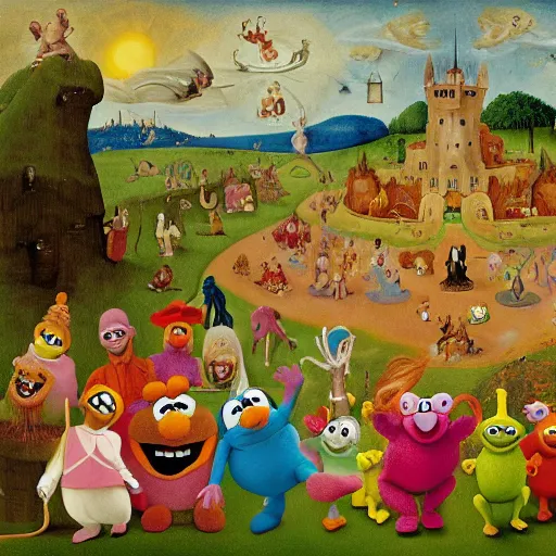 Image similar to painting of muppets and teletubbies, in the style of hieronymus bosch