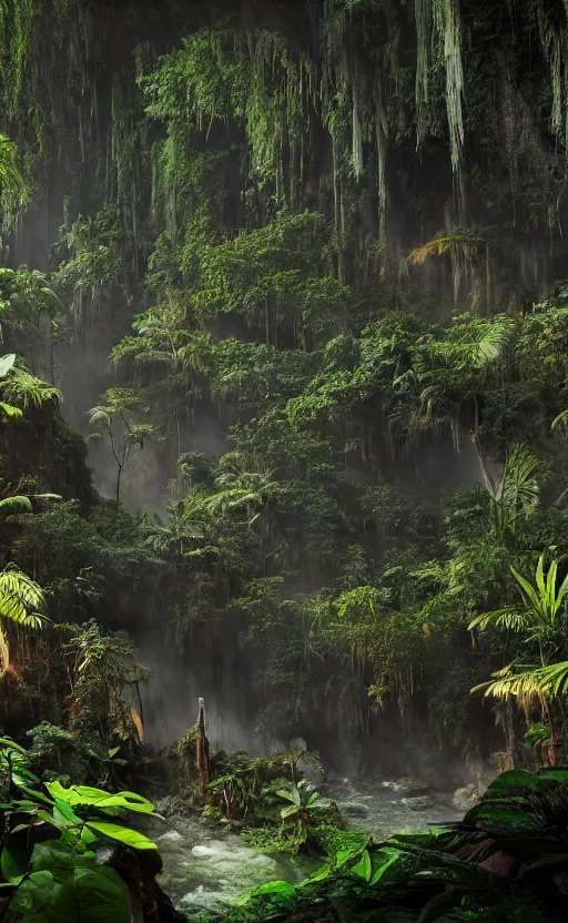 Image similar to a beautiful render of a dark prehistoric rainforest in a humongous cave, lush flora, patches of yellowish - magenta sky, sunset, floating mountains and a waterfall in the background, intricate detail, hazy, humid, volumetric lighting, 8 k, photorealistic, raytracing effects, unreal engine 5