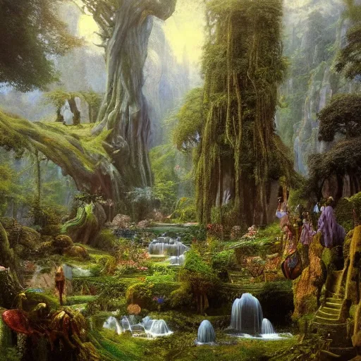 Image similar to a beautiful and highly ocd detailed matte painting of a magical garden of delights in a mystical forest in a dream like valley deep in the magical mountains of avalon, intricate details, epic scale, insanely complex, 8 k, sharp focus, hyperrealism, very realistic, by caspar friedrich, albert bierstadt, james gurney, brian froud,