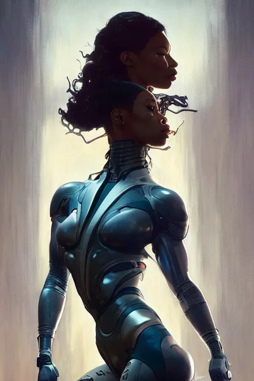 Image similar to cyborg Normani as aeon flux profile picture by Greg Rutkowski, dynamic pose, intricate, futuristic, fantasy, elegant, by Stanley Artgerm Lau, greg rutkowski, thomas kindkade, alphonse mucha, loish, norman Rockwell,