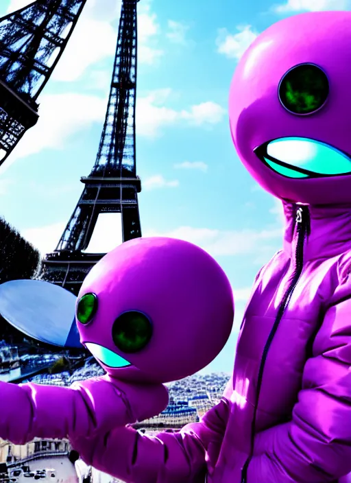 Image similar to purple alien wearing white puffer jacket, in paris, they hold a model ufo, anime frame, beautiful composition,