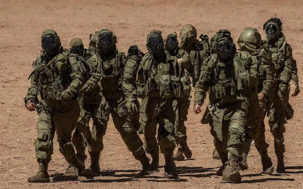 Image similar to a group of five soldiers in dark green tactical gear and gas masks on a rescue mission like the film stargate walk through a sandy desert with distant red mesas ahead of them. They've found a dead body. dusty. 200mm lens, mid day, heat shimmering.