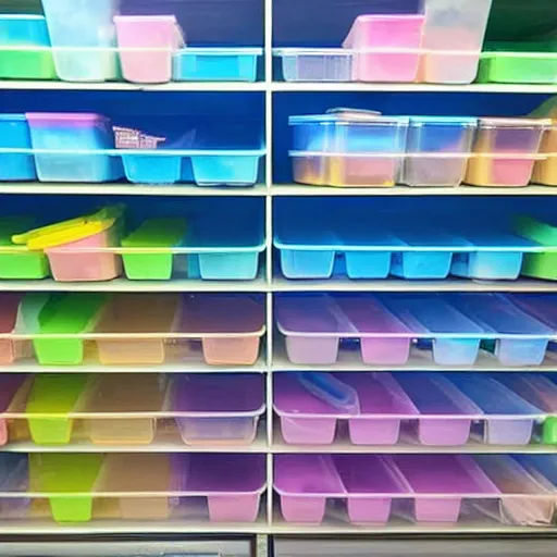 Image similar to a lot of empty plastic containers in a dollar store, pastel colors