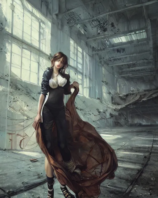 Prompt: daniel gerhartz and artgerm portrait digital rococo painting of a beautiful woman wearing streetwear clothing, abandoned warehouse interior in the background, unreal engine, hyper realism, realistic shading, cinematic composition, realistic render, octane render, detailed textures, photorealistic, ultrawide shot, 3 5 mm film