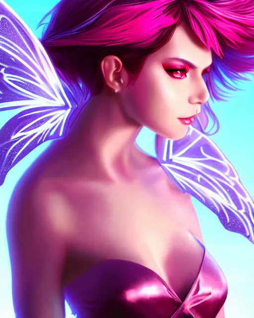 Image similar to 3 / 4 view of a woman with fairy wings, confident pose, pixie character, video game genshin impact, synthwave style, elegant, sharp focus, illustration, highly detailed, artgerm, anime, trending on artstation