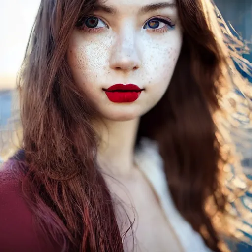 Image similar to close up half face portrait photograph of a live action anime princess with stars in her irises, deep red lipstick and freckles. Wavy long hair. she looks directly at the camera. Slightly open mouth, face covers half of the frame, with a building visible in the background. 135mm nikon. Intricate. Very detailed 8k. Sharp. Cinematic post-processing. Award winning portrait photography