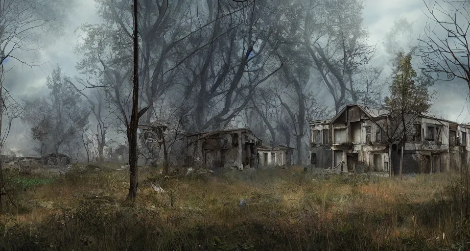Prompt: Abandoned russian tract housing, overgrown, post apocalyptic, epic lighting, trending on artstation