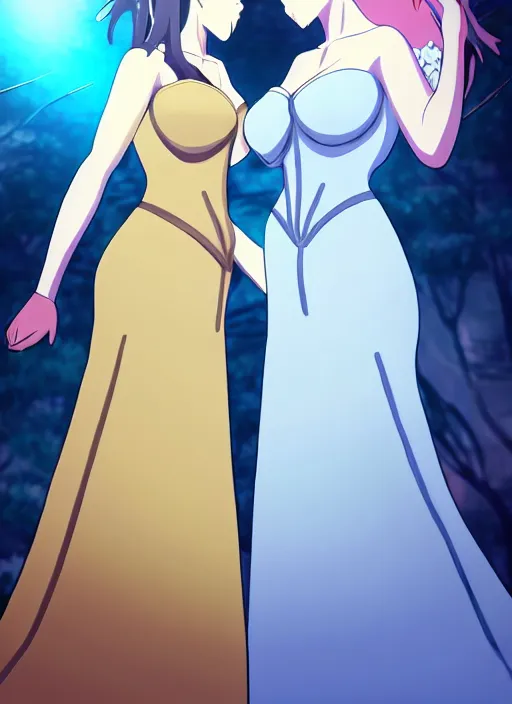 Image similar to two beautiful mothers standing face to face taunting each other, gorgeous dresses, gorgeous faces, smooth thick lines, cinematic lighting, detailed anime art