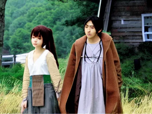 Image similar to full - color still from a 2 0 0 2 live - action tv drama adaptation of haibane renmei. cozy ; peaceful ; bucolic ; quaint.