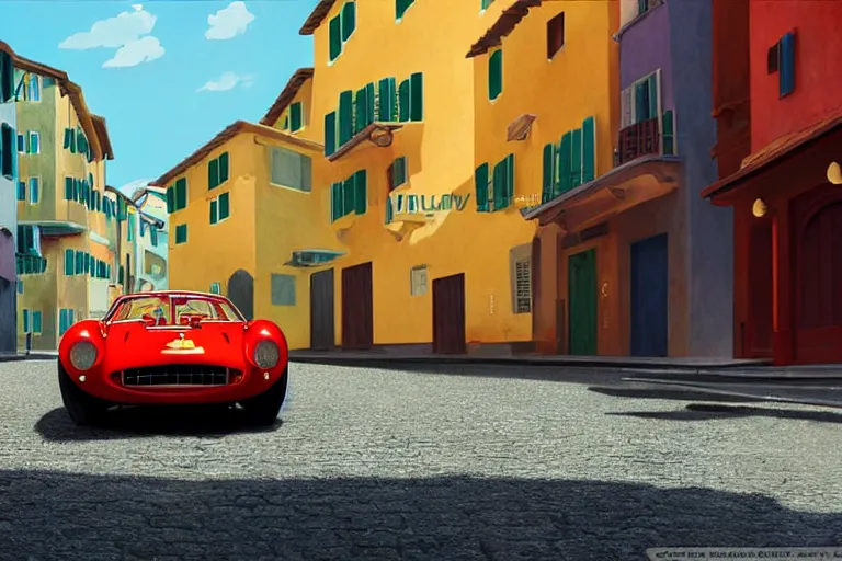 Image similar to a wholesome animation key shot of!! one!! focused!! ferrari 2 5 0 gt!! in beautiful cinque terre italy street, medium shot, studio ghibli, ( pixar ) and disney animation, sharp, very detailed, high resolution, rendered in unreal engine 5, anime key art by greg rutkowski, bloom, dramatic lighting