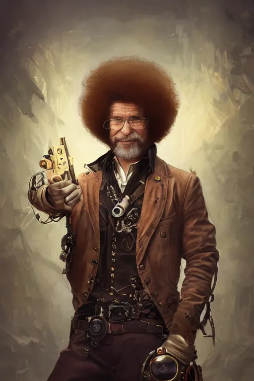 Image similar to bob ross as a steampunk cyborg gunslinger, portrait, western, duster, fantasy, intricate, elegant, highly detailed, digital painting, artstation, concept art, sharp focus, illustration, art by artgerm and greg rutkowski and alphonse mucha