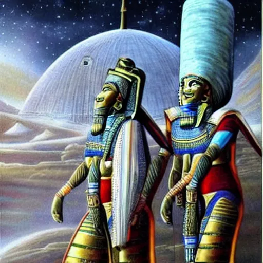 Prompt: the annunaki have returned to egypt wearing space suits that look like egyptian pharoah head - dresses and breathing hoses that look like elephant trunks - alien - looking, cyborg, detailed, photo - realism