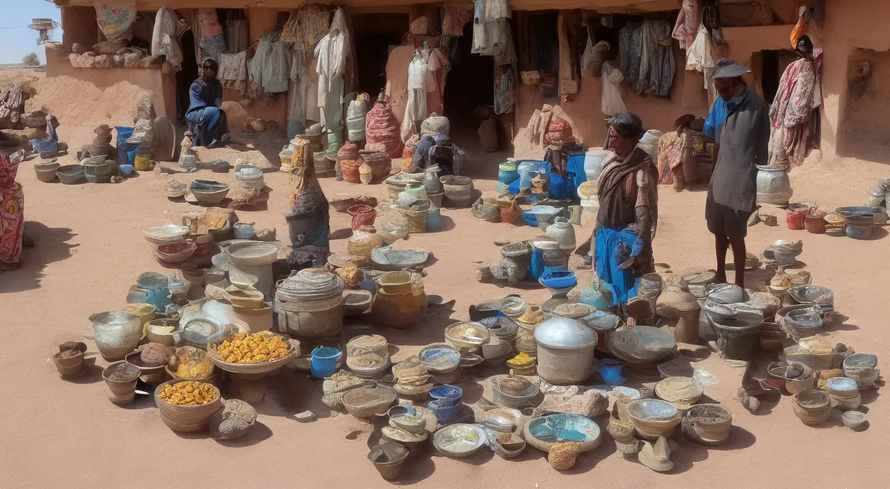 Image similar to A desert shopkeeper selling canteens