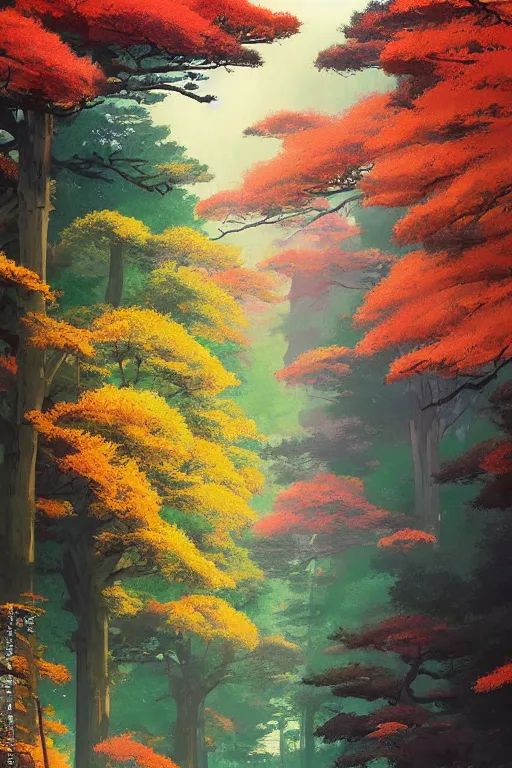 Image similar to Japanese Torii in a colorful moutain with beautiful trees ,morning , by studio ghibli painting, superior quality, masterpiece, traditional Japanese colors, by Grzegorz Rutkowski, concept art