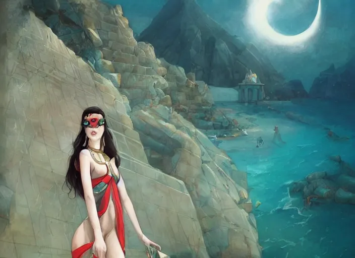 Image similar to lee jin - eun in luxurious dress emerging from turquoise water in egyptian pyramid city during an eclipse by peter mohrbacher, conrad roset, m. k. kaluta, martine johanna, rule of thirds, elegant look, beautiful, chic, face anatomy, cute complexion