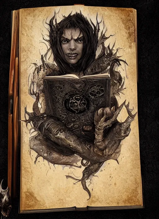 Image similar to black magic sorcerer with a book of spells, book, dramatic, death, cinematic, ultra realistic, highly detailed, trending on artstation