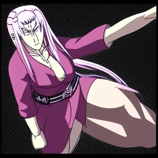 Image similar to sakura ogami from danganronpa, a female japanese gigachad with long white hair, lots of muscles, a feminine dress, and angular features