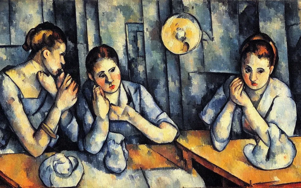 Image similar to in the style of paul cezanne. two hyperpop girls sitting at a wooden table in a bar looking at their phones. there is a bright red lamp hangig above the table. milkshakes