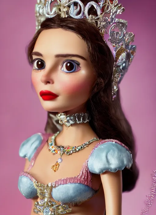 Image similar to closeup face profile portrait of tin toy lena olin as a fairytale princess wearing a crown eating cakes, bikini, depth of field, zeiss lens, detailed, symmetrical, centered, fashion photoshoot, by nicoletta ceccoli, mark ryden, lostfish, breathtaking, 8 k resolution, extremely detailed, beautiful, establishing shot, artistic, hyperrealistic, octane render