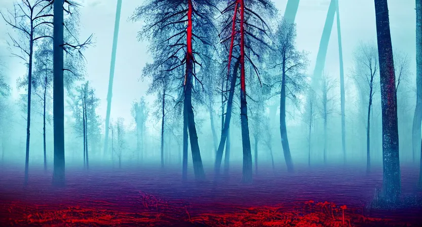 Image similar to national geographic photo of dark russian forest, soft colors, bright neon on trees, retro-futurism, atomic heart game concept render