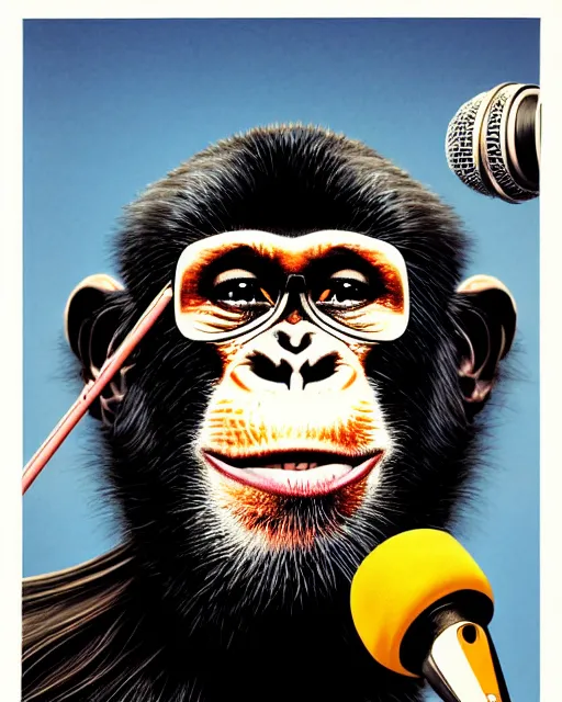 Prompt: a portrait of an anthropomorphic rockstar chimp singing into a microphone on a stand by sandra chevrier, by jon foster, detailed render, tape deck, epic composition, cybernetics, 4 k realistic, cryengine, realistic shaded lighting, sharp focus, masterpiece, by enki bilal