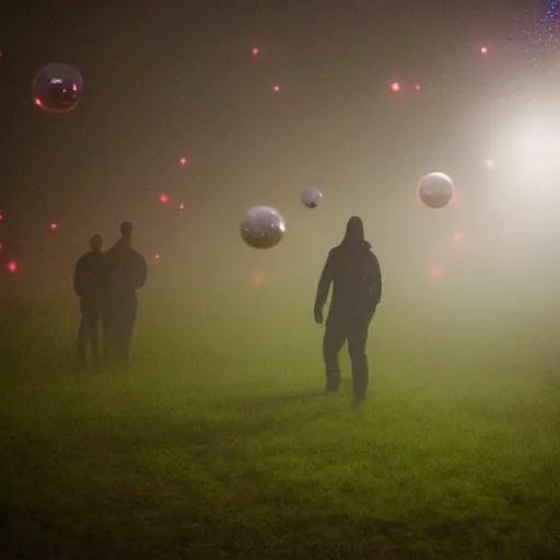 Image similar to forrest illuminated by glowing spheres, mist on ground, dramatic, night, 5 5 mm