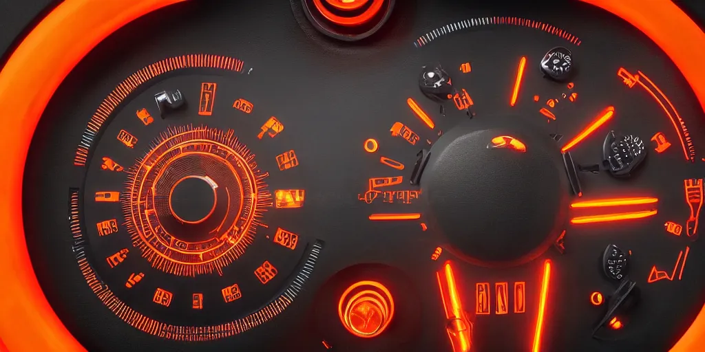 Prompt: close up of glowing instrument panel, full screen, orange and black, glowing lights, dials, knobs, buttons, toggle switches, led, screens, graphs, controls, realistic, rendered, highly detailed, focused, clear, trending on artstation