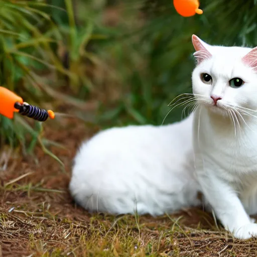 Prompt: White cat with light orange ears hunting