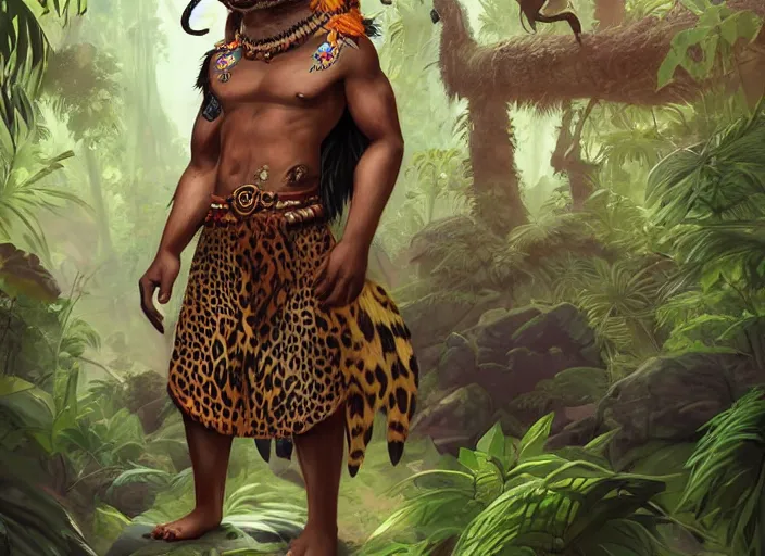 Image similar to character portrait feature of the anthro male anthropomorphic jaguar fursona animal person wearing shaman tribal outfit robes belt standing in the amazon rainforest, well framed character design stylized by charlie bowater, ross tran, artgerm, makoto shinkai, detailed, soft lighting, rendered in octane