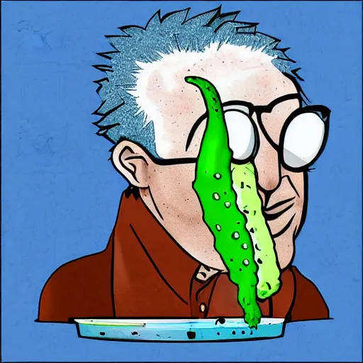 Image similar to drunk scientist called rick whit blue hair turning him self into a pickle during an experiment, digital art