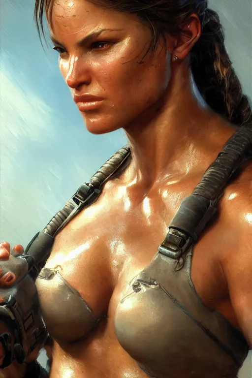 Image similar to muscular sweat lara croft, face close up, highly detailed painting by gaston bussiere, craig mullins, j. c. leyendecker 8 k