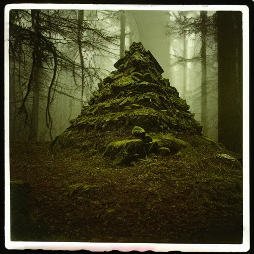 Prompt: a mossy rock pyramid in the middle of a forest clearing, at night, dark, foggy, eerie, creepy, unsettling, lost footage, old polaroid, expired film,